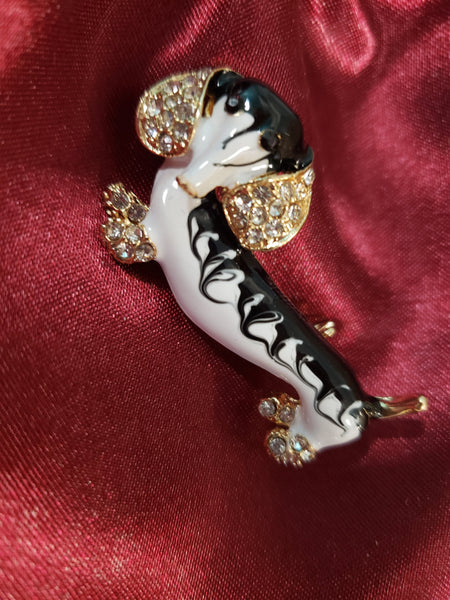 Enamel Dachshund Brooch with Rhinestones Black and White