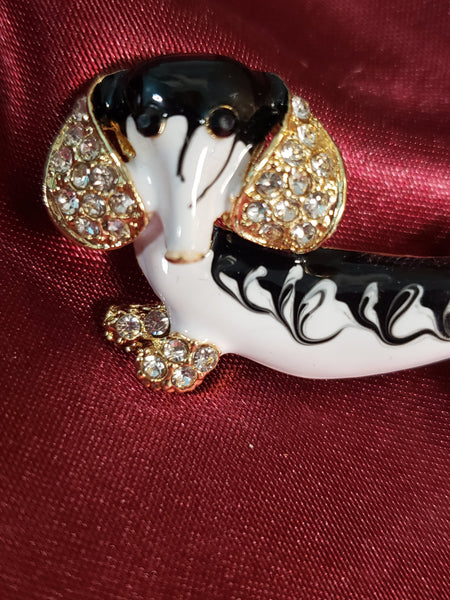 Enamel Dachshund Brooch with Rhinestones Black and White
