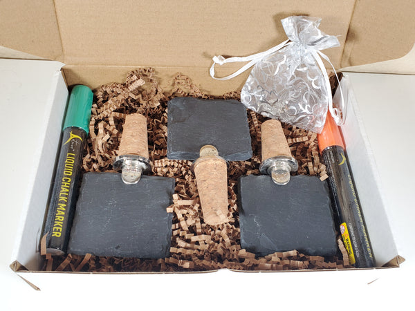 Slate Wine Bottle Corks with Chalk Markers and Wine Glass Charms