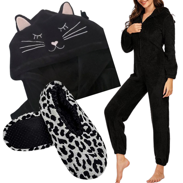 Adult Black Cat Onesie Pajamas with Slippers