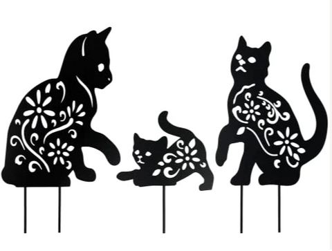 Black cat yard art with flower cutouts-set of 3 cat kittens outdoor metal cat stakes for flower garden