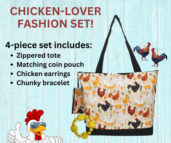 Chicken Tote Bag Set with Matching Coin Purse, Earrings, and Chunky Bracelet