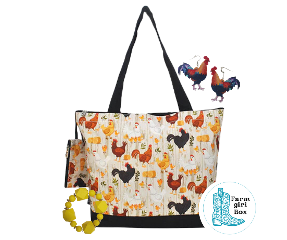 Chicken Tote Bag Set with Matching Coin Purse, Earrings, and Chunky Bracelet