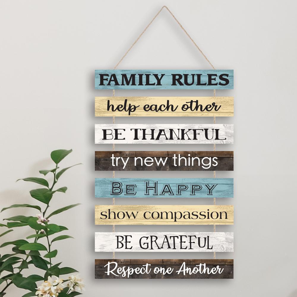 Wood Family Rules Sign on hanger