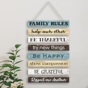 Wood Family Rules Sign on hanger