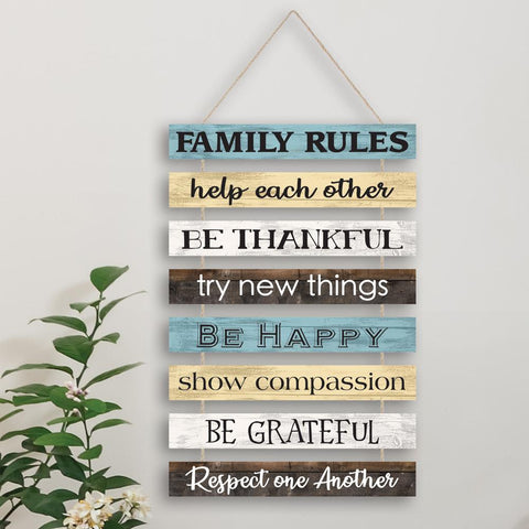 Wood Family Rules Sign on hanger