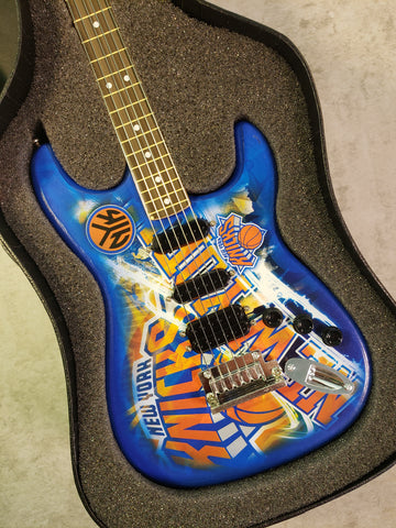 New York Knicks Mini Guitar NBA Basketball Art Piece with Case and Stand