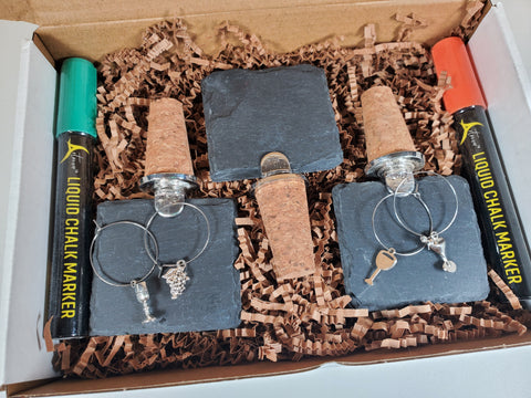 Slate Wine Bottle Corks with Chalk Markers and Wine Glass Charms