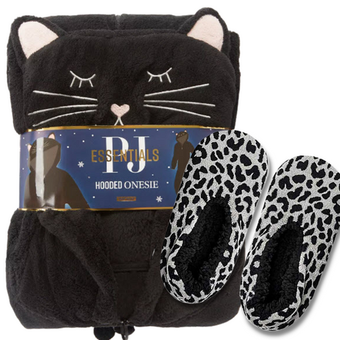 Adult Black Cat Onesie Pajamas with Slippers